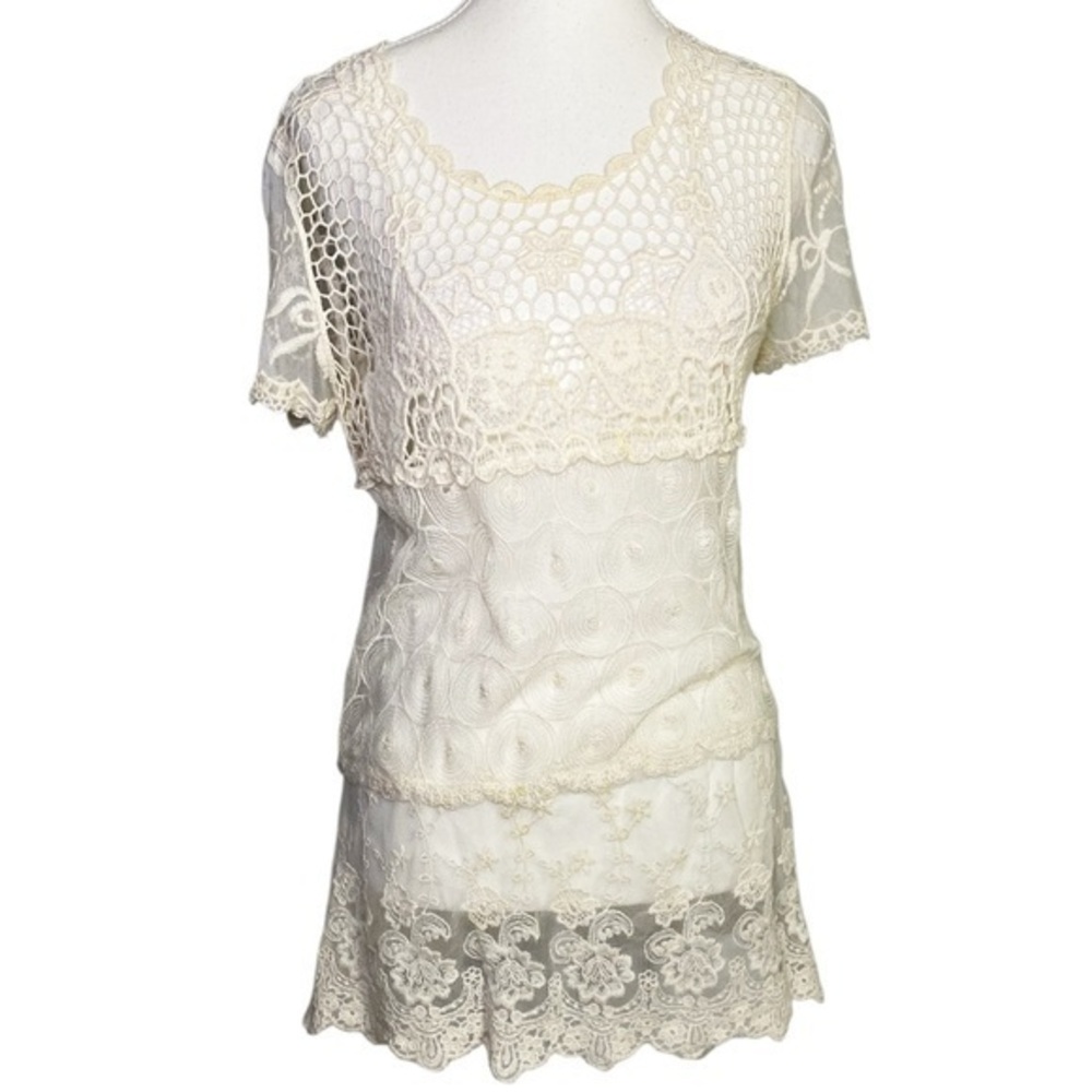 Cato Cream Lace Overlay Short Sleeve Top